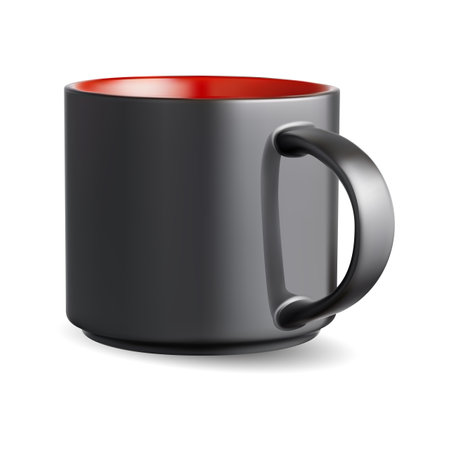 Tea mug. Black ceramic handle cup blank. Hot drink mug, coffee beverage vector mockup with photorealistic mesh, reflection. Teacup for brand merchandise presentation, clean designのイラスト素材