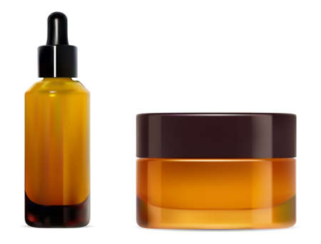Amber glass cosmetic product container. Cream jar, dropper blank set. Essential oil vial, skin naturopathy collection. Round face or body cream box illustration. Broun pack designのイラスト素材