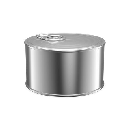 Tuna can blank. Canned food cylinder tin hyper realistic 3d vector illustration. Canned meat, cat food preserves, high angle package. Sardine fish can with pull ring, low profile detailed preserveのイラスト素材