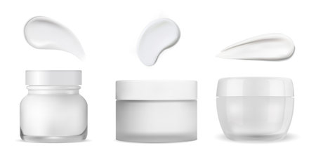 Cosmetic jar. White cream packaging with texture stroke. Realistic glass jar round vector template with smear drop. Skin care lotion bottle mockup, plastic lid. Cream jar blank for labelのイラスト素材