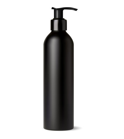 Black plastic airless pump bottle. Shampoo dispenser mockup, vector blank. Realistic tube tin design, gel lotion or cream package. Bath product packaging, skin moisturizer or hair care serumのイラスト素材