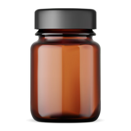 Amber glass bottle mockup. Brown medicine packaging container, isolated vector illustration. Pharmacy drug jar template with black screw lid. Supplement pill vial, beauty vitamin productのイラスト素材