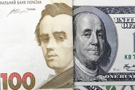 Ukrainian hryvnia, dollar, money close-up. Banknotes the concept of economy.の写真素材