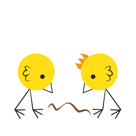 Two angry chicks fighting for a worm, vector illustration.のイラスト素材