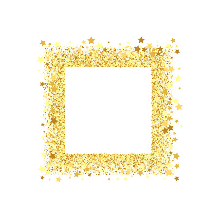 Golden splash or glittering spangles square frame with empty center for text. Golden glittering rectangle made of confetti on white background. Vector illustration.のイラスト素材