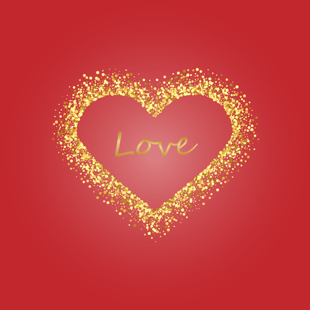 Gold frame of scatter confetti in the shape of heart. Border design element for festive banner, greeting card, postcard, wedding invitation.のイラスト素材