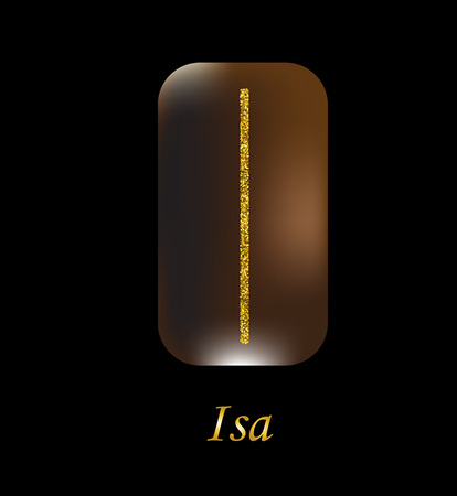 Vector illustration of isa characters, rune gold dust on a wooden form on a black background.のイラスト素材