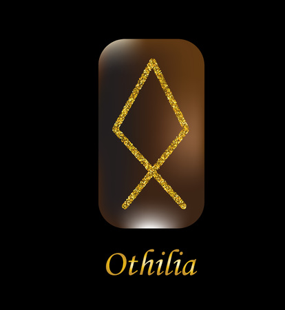Vector illustration of characters rune gold dust on a wooden form on a black background. Rune symbol.のイラスト素材