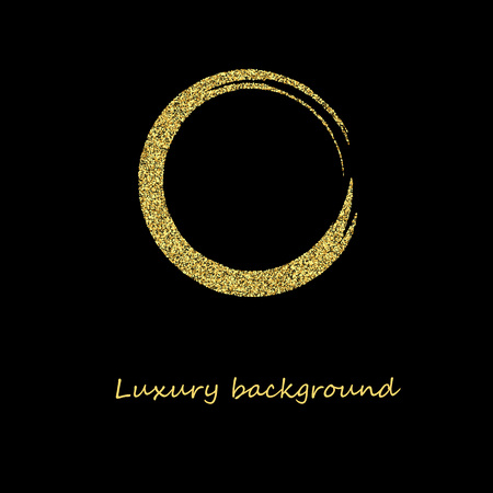 Golden splash or glittering spangles round frame with empty center for text. Golden glittering circle made of small hearts on black background.のイラスト素材