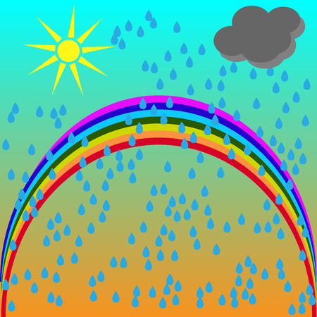 Vector cartoon illustration of a summer scenery with a rainbow after rain and an umbrella on a green meadowのイラスト素材