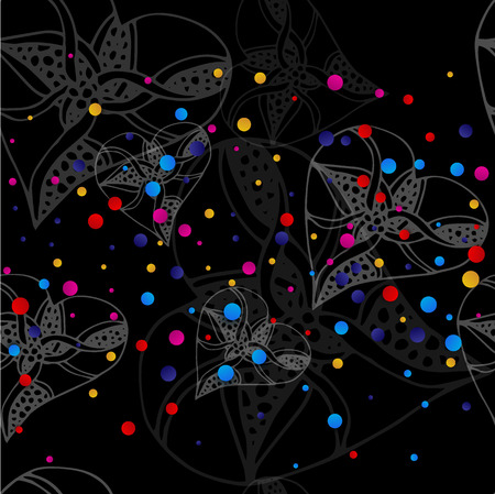 Black background with white hearts in the style of sketching and bright colored dots. Vector illustration.のイラスト素材