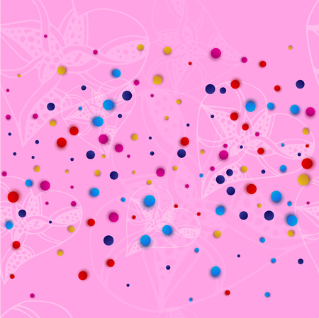Pink background with white hearts in the style of sketching and bright colored dots. Vector illustration.のイラスト素材