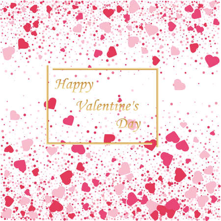 Heart of pink valentine confetti falling on light background with gold frame. Flower petal in the form of heart confetti for womens day.のイラスト素材