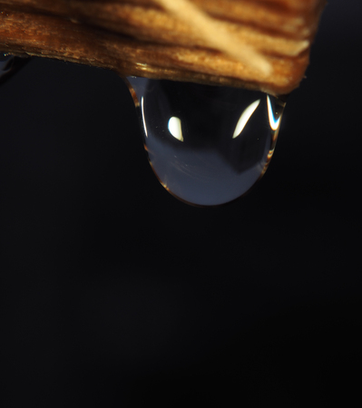 Water drop is falling down from wood with lights at the black macroの写真素材