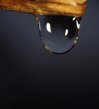 Water drop is falling down from yellow wood with lights macroの写真素材