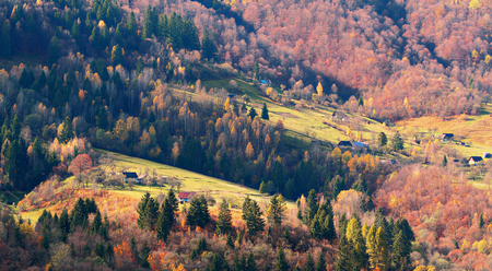Carpatian village at mountains at the sunny dayの写真素材