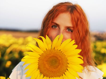 Girl redhead portrait at the yellow spikelets and sunflowersの写真素材