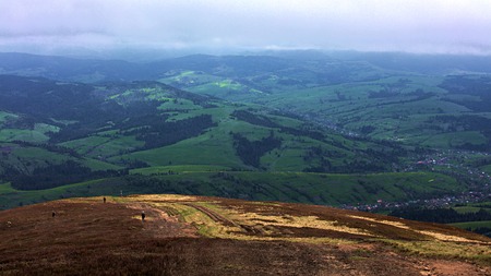 View of the village from the mountain top of the Carpathian Mountains, nature in the mountains.の写真素材