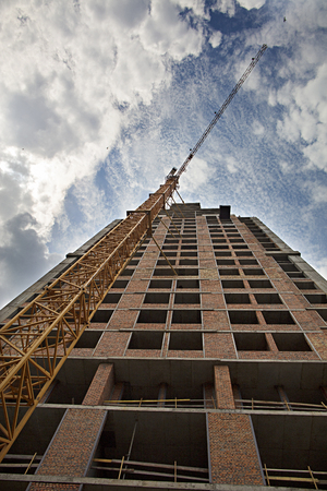 The new house that is being built, and the tower crane, rest against the blue sky with light clouds and touch the flying birdsの写真素材