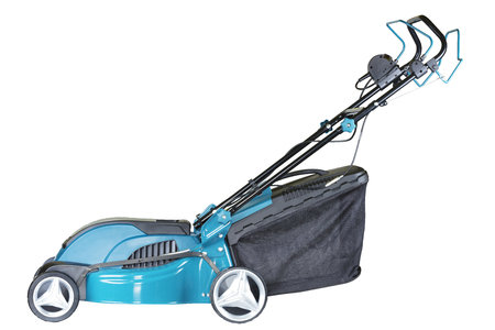 lawn mower electric on wheels turquoise colour with a bag of grass collector isolated on white background, high resolution, profile viewの写真素材