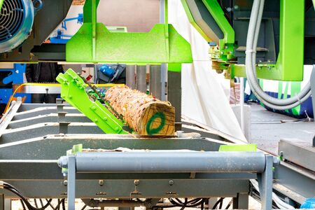 Special operator-operated hooks automatically turn the log on a modern woodworking sawmill for...