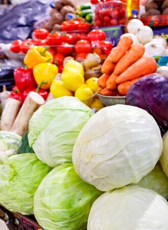 White, green and red cabbage on a market counter against the background of bright and juicy other vegetables and citrus fruits in blur in daylight.の写真素材