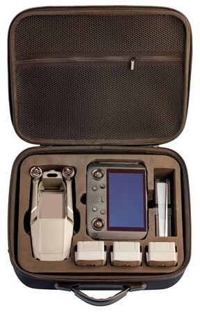 Black bag for safe carrying of the quadrocopter, control panel and batteries, isolated on white...