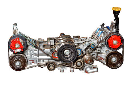 The stand shows the worn-out internal combustion engine of a modern automobile, image isolated on...