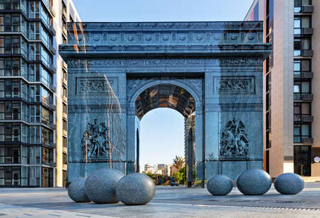 Kyiv, Ukraine, a modern stylized triumphal arch reminiscent of the famous Arc de Triomphe in Paris,...