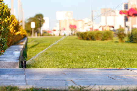 Automatic irrigation system irrigated the lawn on a blurred background of the cityscape on a bright sunny day, copy space.の写真素材