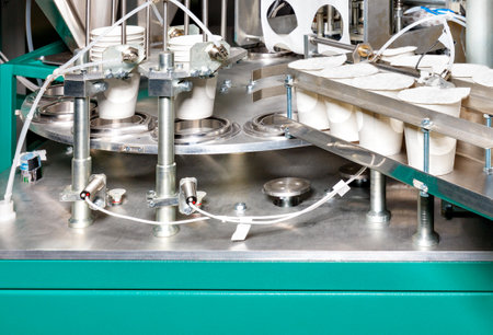 Fragment of the production line for the filling and packaging of yoghurts in paper cups, the concept...