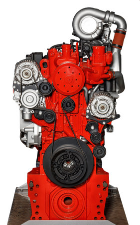 The stand shows the internal combustion engine of a modern car, the image is isolated on a white...