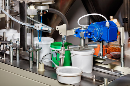 Mechanism for seaming and packing products into plastic buckets on a production line in the food...