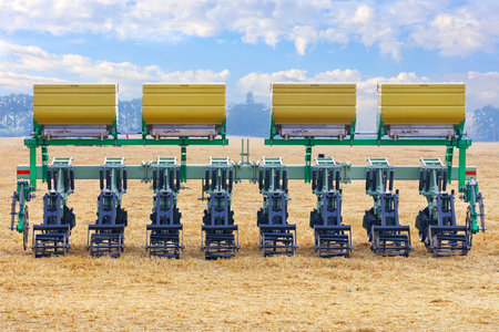 A modern modified cultivator unit and a device for applying fertilizers to the soil and optimal conditioning of the root zone, used in the agricultural sector. Copy space.の写真素材