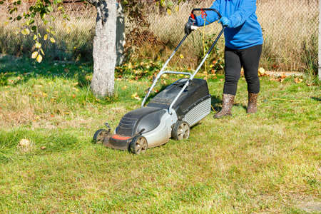 A woman gardener tends a green lawn and mows the grass with an electric lawn mower in her backyard...