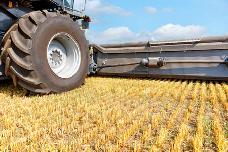 A fragment of a large black combine with a large wheel and a harvesting mechanism in the harvest...