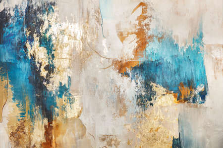 Abstract pattern in gray, beige and blue tones interspersed with gold spots.の写真素材