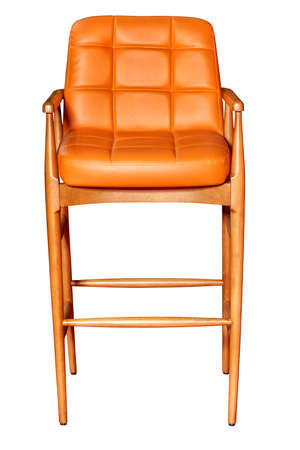 Tall comfortable wooden bar stool with seat upholstered in soft light brown leather, photographed from the front, isolated on a white background.の写真素材