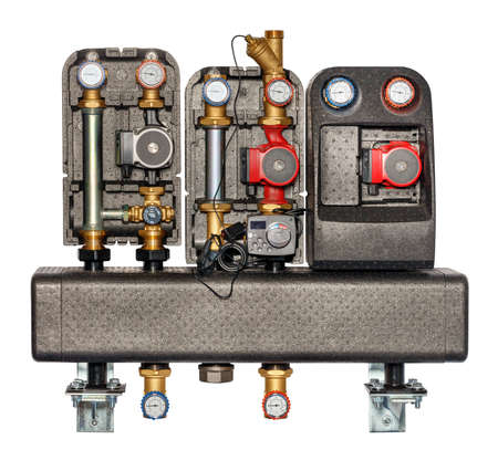 Pumping group for regulation of circulation of the mixed liquid used in systems of heating and heat-insulated floors. Consists of a pump, motorized mixing valve shut-off valves, temperature sensors and thermal insulation. isolated on white background.の写真素材