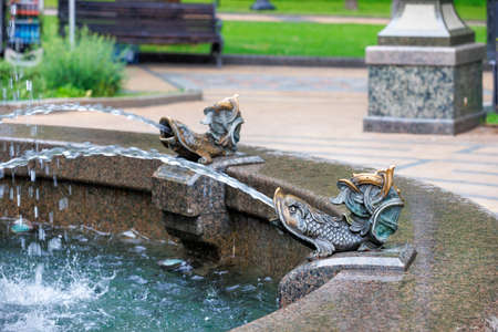 An element of the city fountain in the form of a sitting fish with powerful jets of water escaping...