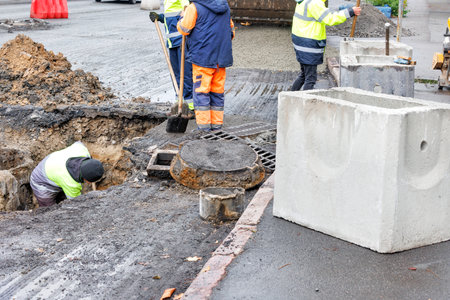 A group of road workers repair sewer storm hatches and change old concrete manholes for new ones on a roadway on an autumn day.の写真素材