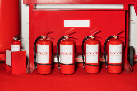 Bright red fire extinguishers stand in a row against the background of a metal stand and a box of...