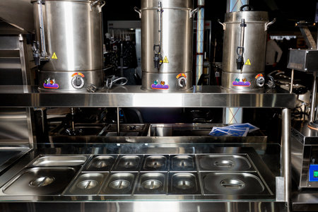 A stainless steel metal counter for distributing food for large teams in production.