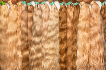 Bundles of natural wavy healthy straw colored human hair in various shades for extensions and making wigs.の写真素材