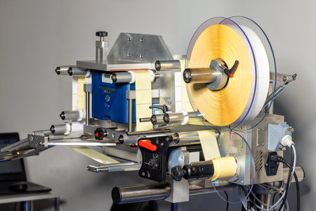Applicator of self-adhesive labels in a drum reel for separating the label from the substrate and its subsequent application to the product.の写真素材
