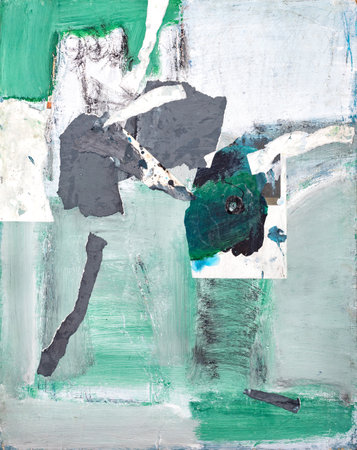 Abstract colored background from painted patches in green, blue, white and gray colors of oil paint on canvas.の写真素材