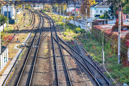 A view from above of a network of branched railway tracks stretching into the distant future among...
