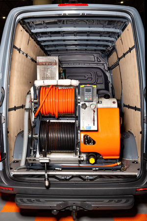 Cleaning equipment organized in van interior with high-pressure system, hoses, and tools designed for efficient cleaning work, industrial cleaning conceptの写真素材