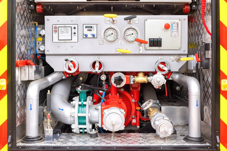 Close-up view of hydraulic fire truck control panel, featuring levers and gauges in an emergency...