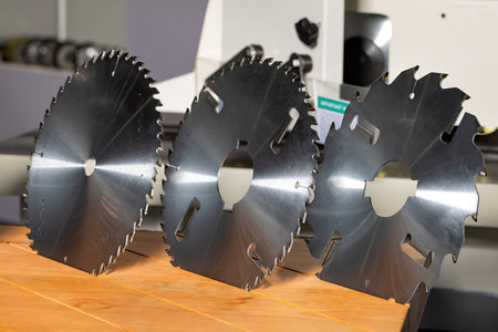 A trio of sharp steel saw blades rests on a wooden workbench, showcasing their intricate designs and readiness for woodworking tasks in a contemporary workshop environment filled with tools.の写真素材